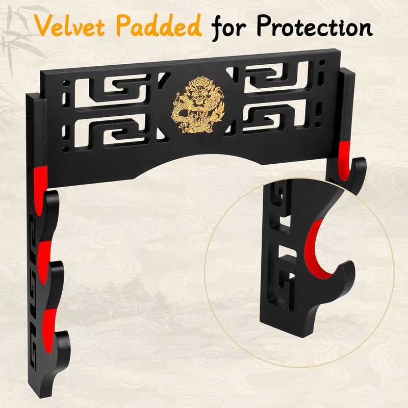 Alyoen Sword Display Katana Wall Mount, 3-Tier Samurai Sword Katana Holder Stand with Velvet Padded Hook & Dragon Pattern, Sword Rack for Wakizashi Lightsaber Samurai - Image 3